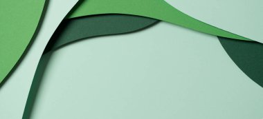 Abstract green color paper texture background. Minimal paper cut style composition with layers of geometric shapes and lines in green tone shades. Top view.