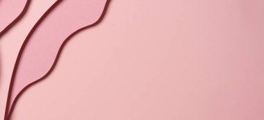 Abstract colored paper texture background. Minimal paper cut composition with layers of geometric shapes and lines in pastel pink colors. Top view, copy space.
