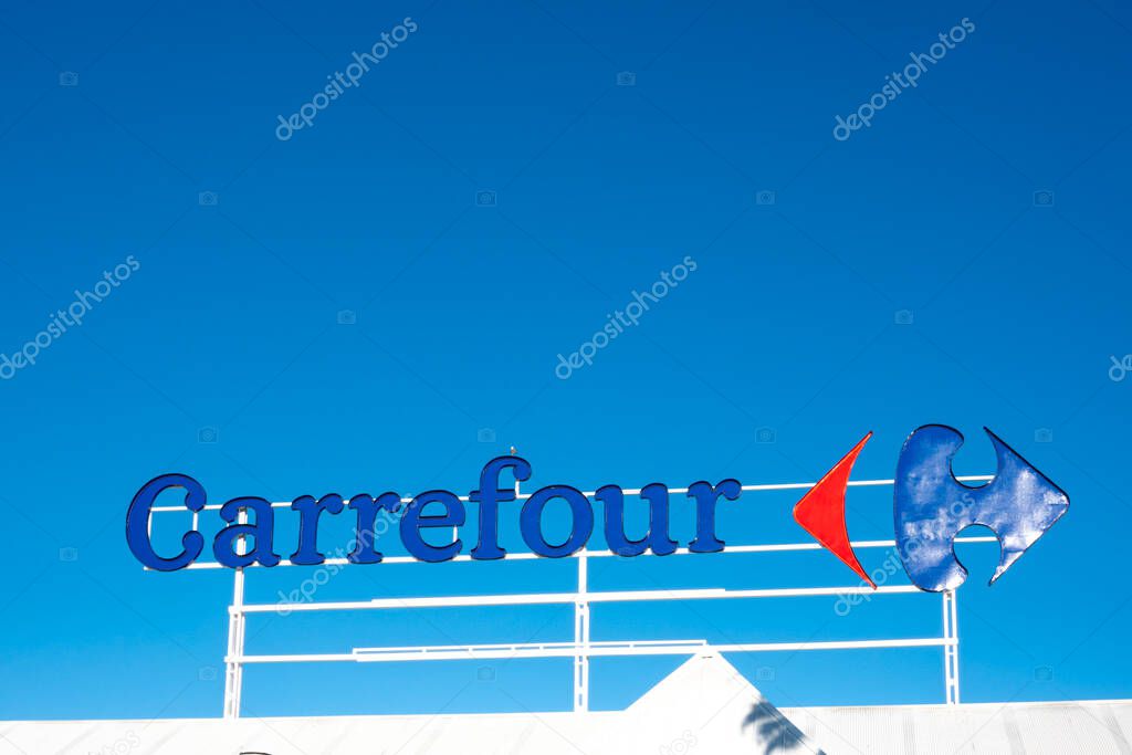 Finestrat, Spain - January 30, 2023: Carrefour logo sign in Finestrat, Alicante province, Costa Blanca, Spain.