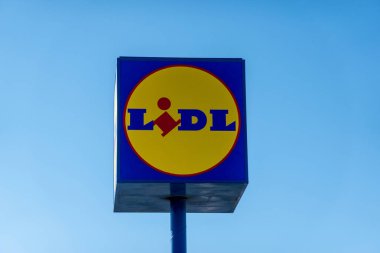 Finestrat, Spain - February 05, 2023: Lidl supermarket logo sign. Lidl is popular German supermarket chain with over 10,000 stores across Europe.