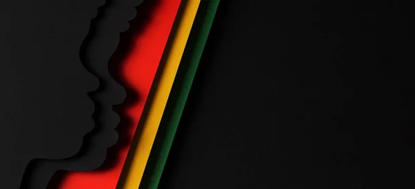 Black History Month color background. African Americans history celebration. Abstract geometric red, yellow, green color background with black paper cut people silhouette. Top view.