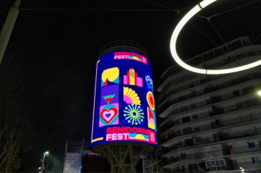 Benidorm preparing for Benidorm Fest. Plaza Triangular - tourist attraction in Benidorm. Benidorm popular Spanish resort, Alicante province, Valencia, Spain. February 1, 2023.