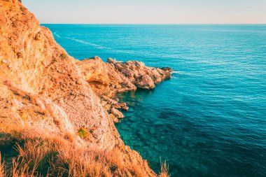 Scenic panorama of the coast from Sierra Helada Natural Park. Benidorm - popular spanish resort in province of Alicante, Valencia, on the Mediterranean coast of Spain.