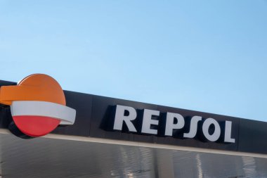 Finestrat, Spain - March 2, 2023: Repsol logo sign on gas station. Repsol - Spanish energy and petrochemical company that develops, produces and markets lubricants, oil-based specialized products.