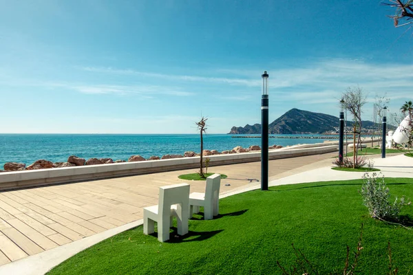 stock image Altea seaside promenade with recreation and active leisure areas on sunny day. Altea - beautiful authentic Spanish village in Alicante Province, Valencian Community, by Mediterranean Sea in Spain.