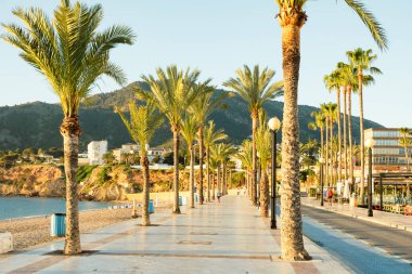 Ana bulvar gezinti alanı, sahil kıyısı ve Akdeniz manzaralı güzel Albir kasabasına bakın. Albir, İspanya 'nın Alicante eyaleti Altea ve Benidorm arasında küçük bir tatil kentidir..