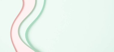 Soyut renkli kağıt dokusu arkaplanı. Minimum kağıt, geometrik şekil katmanları ve açık yeşil ve pastel pembe renkli çizgilerle kompozisyonu keser. Üst görünüm, alanı kopyala.