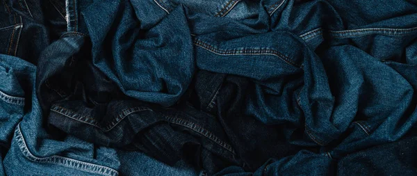 Denim Background Variety Crumpled Blue Jeans Top View Stack Jeans — Stock Photo, Image