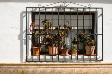 Dekoratif siyah demir parmaklıklar ve saksı çiçekleri olan bir pencere. Klasik tarz İspanyol evlerinin tipik dekore edilmiş pencereleri. Altea eski kasaba sokağı, Alicante bölgesi, İspanya.