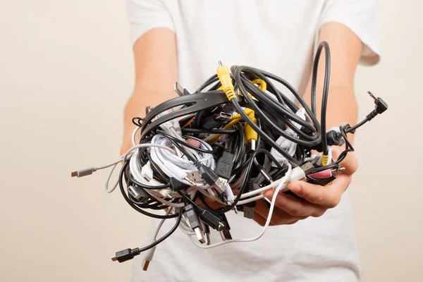 Hands Holding Pile Tangled Old Smart Technology Wires Used Charging Stock Image