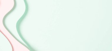 Soyut renkli kağıt dokusu arkaplanı. Minimum kağıt, geometrik şekil katmanları ve açık yeşil ve pastel pembe renkli çizgilerle kompozisyonu keser. Üst görünüm, alanı kopyala.