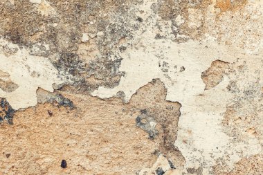 Soyulmuş bej kaplamalı eski, pasaklı tuğla duvar. Kirli çatlak doku arkaplanı olan eski model alçı duvar..