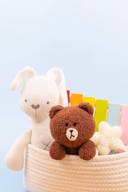 Soyut bebek oyuncakları geçmişi. Yumuşak pelüş oyuncaklar ve beyaz depo kutusunda açık mavi arka planda duran eğitici tahta oyuncaklar. Ön görünüm.
