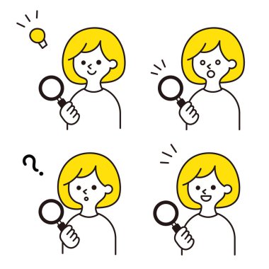 Büyüteci olan bir kadının resim seti.