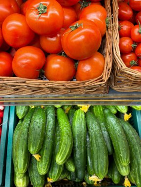 Dükkandaki kutularda taze sebzeler. Salatalık ve domates.