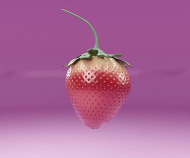 Yeşil saplı kırmızı bir çilek pembe arkaplanlı havada süzülür. 3B resimleme.