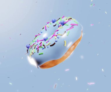 Mavi kaplamalı donut, mavi arkaplanlı, havada uçuşan renkli serpintiler. 3 Boyutlu canlandırma canlandırması.