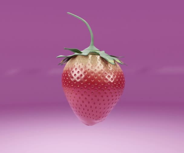 Căpșună Roșie Tulpină Verde Pluteste Aer Fundal Roz Ilustrație Redare — Videoclip de stoc