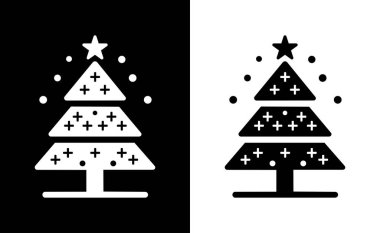 Çizim tasarımı, simge, vektör logosu Noel ağacı minimalist, basit, siyah ve beyaz, beyaz arkaplanda izole.