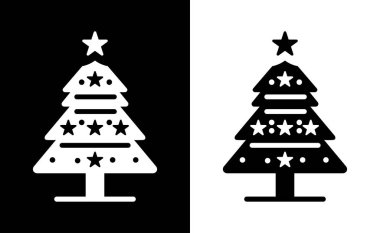 Çizim tasarımı, simge, vektör logosu Noel ağacı minimalist, basit, siyah ve beyaz, beyaz arkaplanda izole.