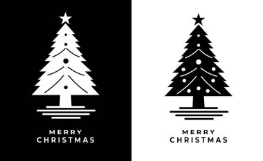 Çizim tasarımı, simge, vektör logosu Noel ağacı minimalist, basit, siyah ve beyaz, beyaz arkaplanda izole.
