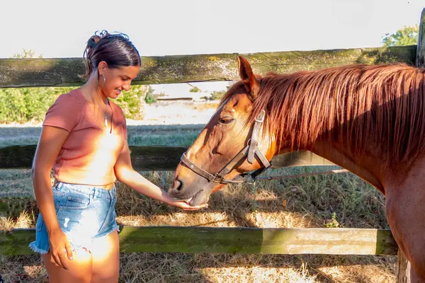 Kırsalda atını besleyen genç bir kadın.