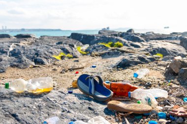 Sahilde çöp döküldü. Kullanılmış kirli plastik şişeler ve çöp. Çevre kirliliği. Ekolojik sorun kavramı.