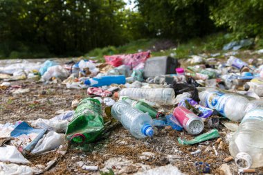 Ormanda çöp yığınları, doğaya rastgele atılanlar. Pis kokulu hurda, plastik torba ve şişeler, doğanın kirli yeşil çimlerinde çöpler. Ormanın insan kirliliği kavramı