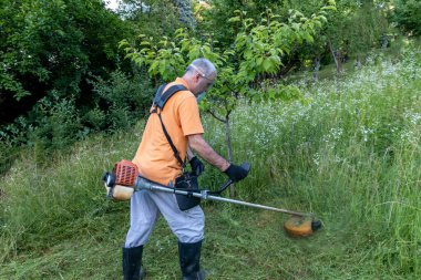 Koruyucu giysiler içinde olgun bir adam ve makasla eldivenler. Uzun çimleri biçmek ve yabani otları biçmek. Seçmeli olarak odaklan