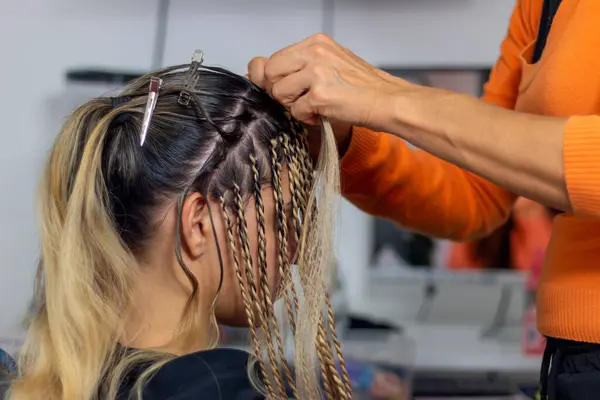 Bir stilistin kızı Senegalli saç örgülerini evinde yaptırıyor. Senegal örgülü güzel bir kızın portresi. Senegal örgülerine hazırlık kavramı..