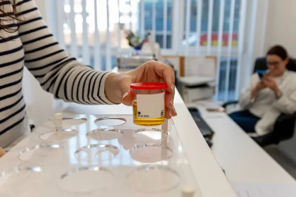 Tıbbi analiz, doping, alkol ve uyuşturucu testleri için idrarlı steril numune kutusu. Sağlık ve tıbbi konsept.