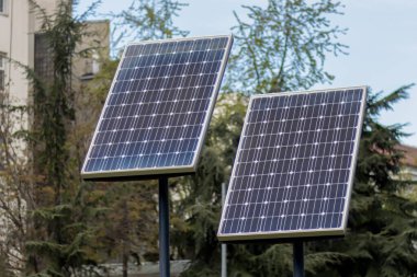 Parktaki güneş panelleri. Teknolojiler güneş ışınlarından elektrik topluyor. Yenilenebilir enerji üretimi için çevre ekipmanları.
