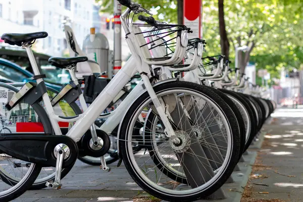 Caddedeki şehir merkezindeki otoparkta kiralık elektrikli bisikletler yeşildir. Çevre dostu ulaşım aracı. Kiralık bisiklet, park yerinde tekerlek sayısı.