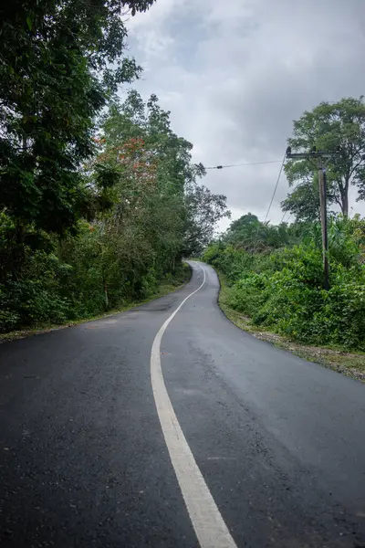 The asphalt road is quiet with trees around it, the road looks very clean without potholes and cracks.