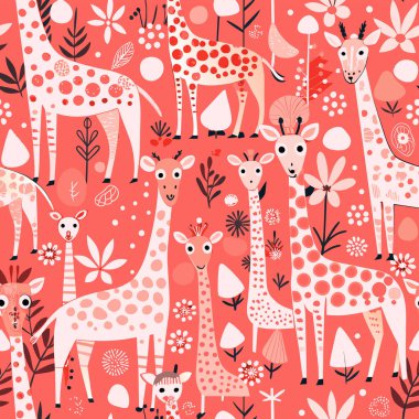 Zürafa desenli tasarım, kumaş baskı kağıdı için vektör illüstrasyonuName.