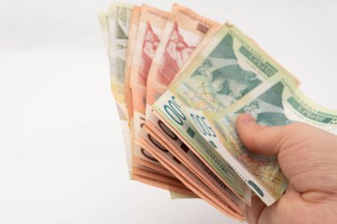Elinde bir yığın para tutan adam RSD Sırp Dinar banknot kağıt para birimi beyaz arka planda izole