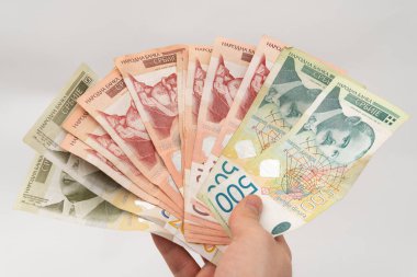 Elinde bir yığın para tutan adam RSD Sırp Dinar banknot kağıt para birimi beyaz arka planda izole