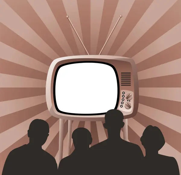 レトロなテレビを見ている家族のベクトル図 — ストックベクタ
