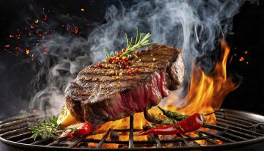 Biberiyeli ızgara biftek, domates ve biber.