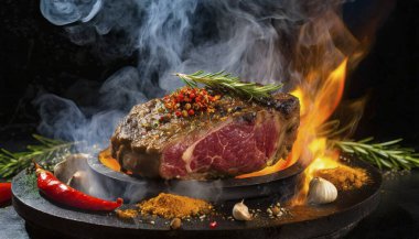 Kızartma tavasında baharatlı ve otlu biftek..