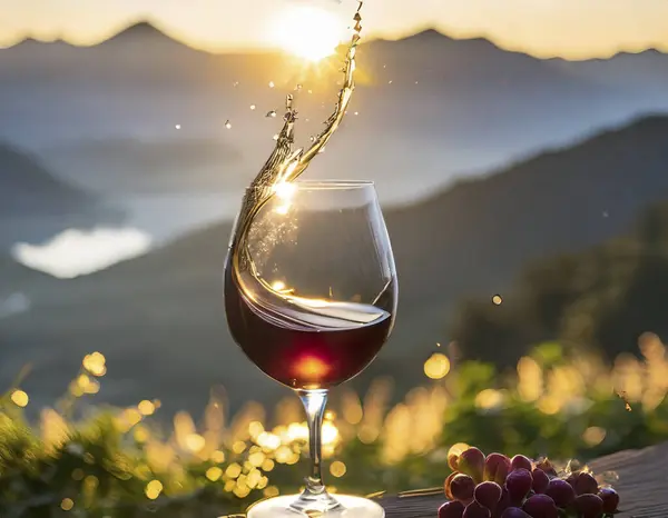 glass of red wine on sunset in mountains.