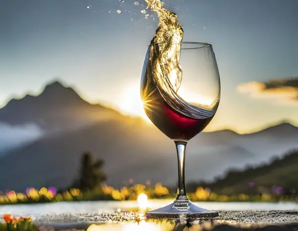 red wine in a glass with sunset background.