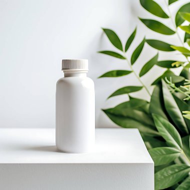 Boş bir takviye şişesinin maketi. Bitkilerle beyaz arka plan.