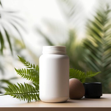 Boş bir takviye şişesinin maketi. Bitkilerle beyaz arka plan.