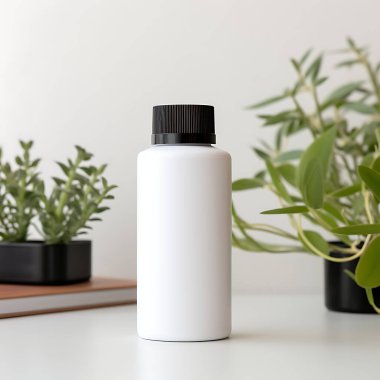 Boş bir takviye şişesinin maketi. Bitkilerle beyaz arka plan.