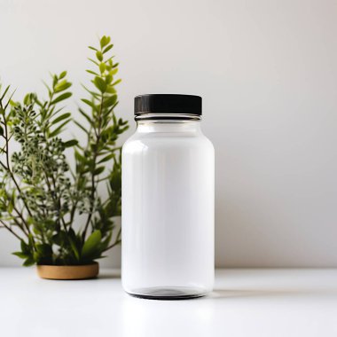 Boş bir takviye şişesinin maketi. Bitkilerle beyaz arka plan.