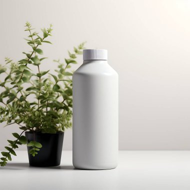 Boş bir takviye şişesinin maketi. Bitkilerle beyaz arka plan.