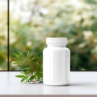 Boş bir takviye şişesinin maketi. Bitkilerle beyaz arka plan.