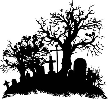 Cadılar Bayramı Mezarlığı Siluet Vektör İllüstrasyonu Beyaz Arkaplan