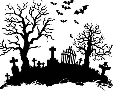 Cadılar Bayramı Mezarlığı Siluet Vektör İllüstrasyonu Beyaz Arkaplan